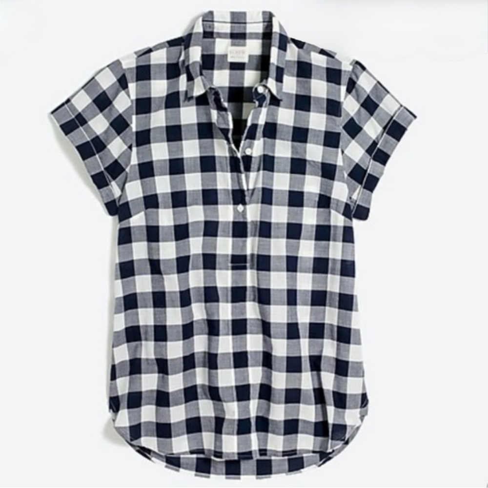J. Crew Blue and White Checkered Short Sleeve Plaid Popover Shirt
